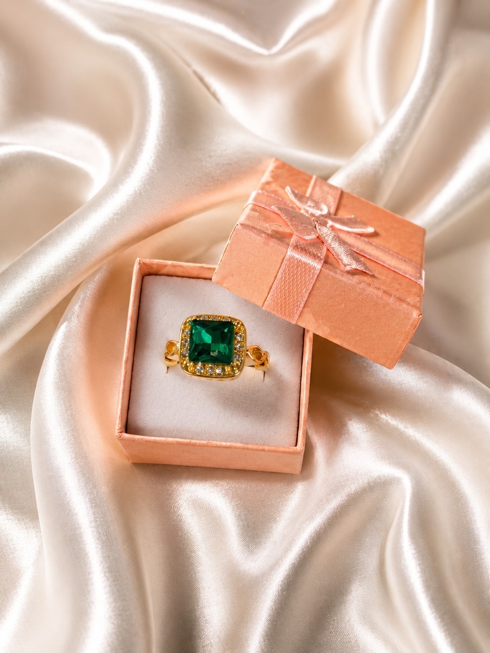 Gold-Plated Emerald Square Ring - Green Statement Band